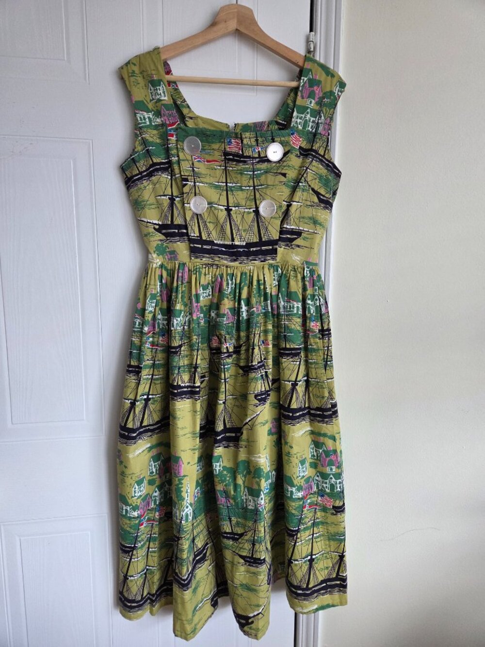 RARE 50s Sailboat Novelty Print Dress | Full Skirt Cotton Medium - Picture 2 of 5